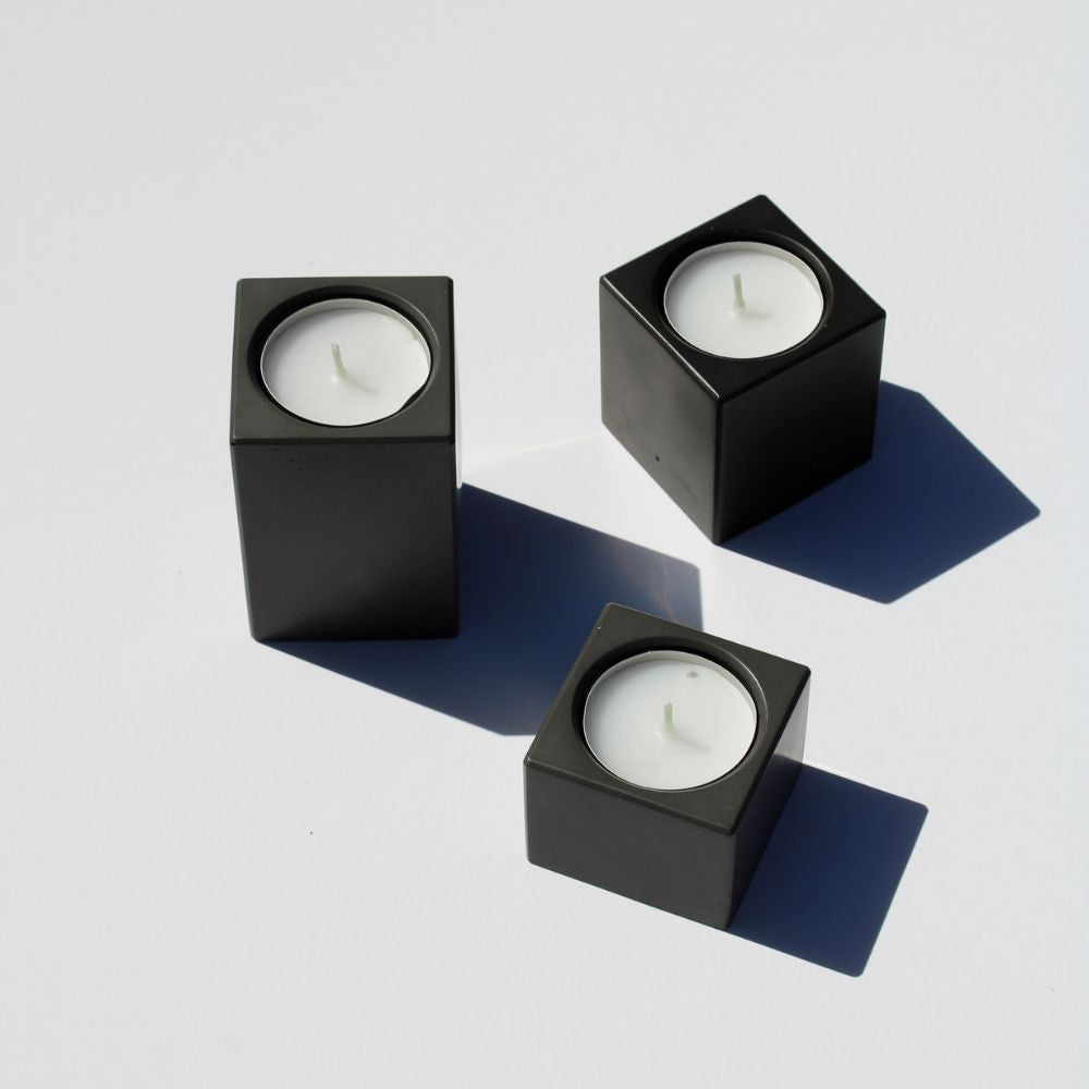 Set of 3 handmade rectangular tealight holders in white, grey, and black—minimalist decor ideal for modern, Scandinavian interiors.